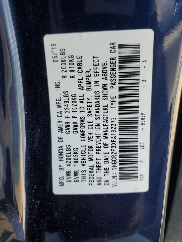2015 Honda Accord VIN 1HGCR2F3XFA192273 Copart auction photo, rear end / minor dent/scratches damage thumbnail 12