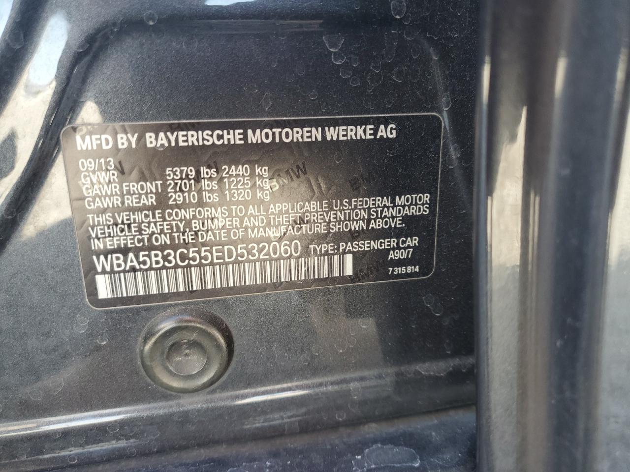 2014 BMW 5er VIN WBA5B3C55ED532060 Copart auction photo, front end / rear end damage thumbnail 14