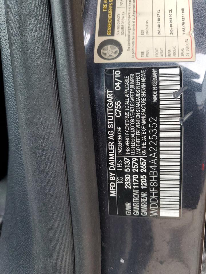 2010 Mercedes-Benz E-klasse VIN WDDHF8HB4AA225352 Copart auction photo, all over damage thumbnail 12