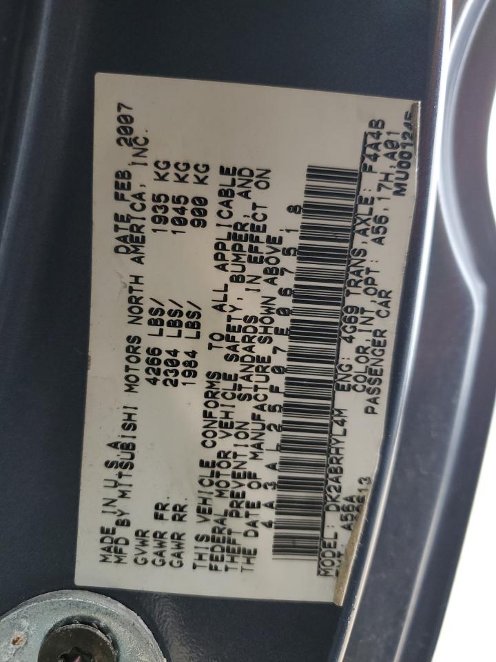 2007 Mitsubishi Eclipse VIN 4A3AL25F07E067518 Copart auction photo, mechanical / minor dent/scratches damage thumbnail 12