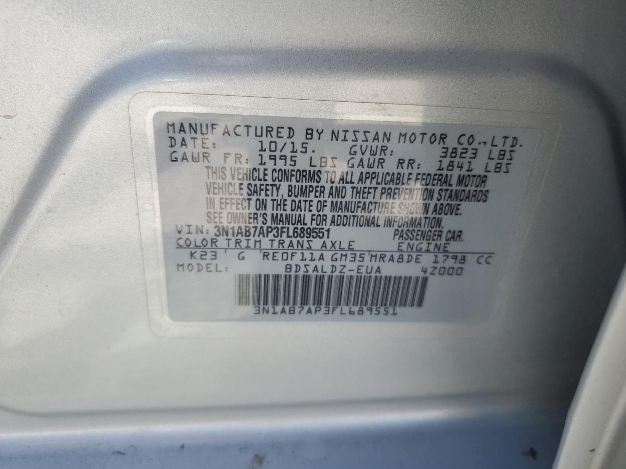 2015 Nissan Sentra VIN 3N1AB7AP3FL689551 Copart auction photo, rear end damage thumbnail 14