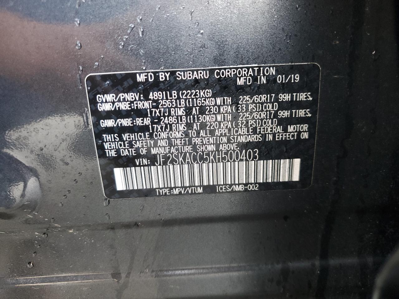 2019 Subaru Forester VIN JF2SKACC5KH500403 Copart auction photo, front end damage thumbnail 13