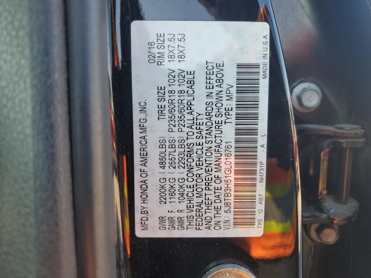 2016 Acura RDX VIN 5J8TB3H51GL016761 Copart auction photo, undercarriage damage thumbnail 15