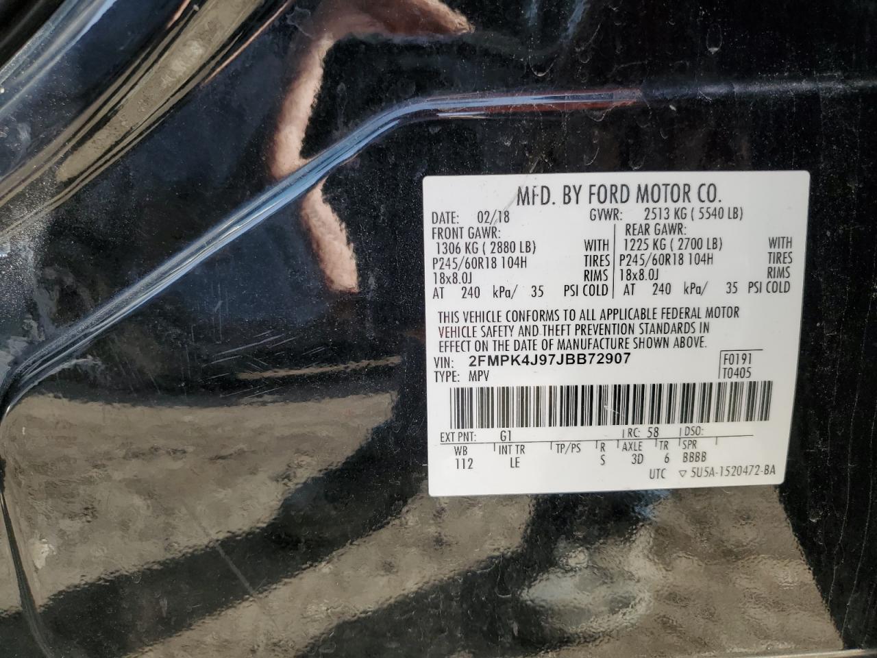 2018 Ford Edge VIN 2FMPK4J97JBB72907 Copart auction photo, minor dent/scratches damage thumbnail 13