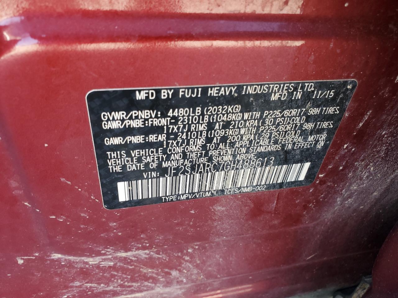 2016 Subaru Forester VIN JF2SJARC7GH488613 Copart auction photo, front end / minor dent/scratches damage thumbnail 14