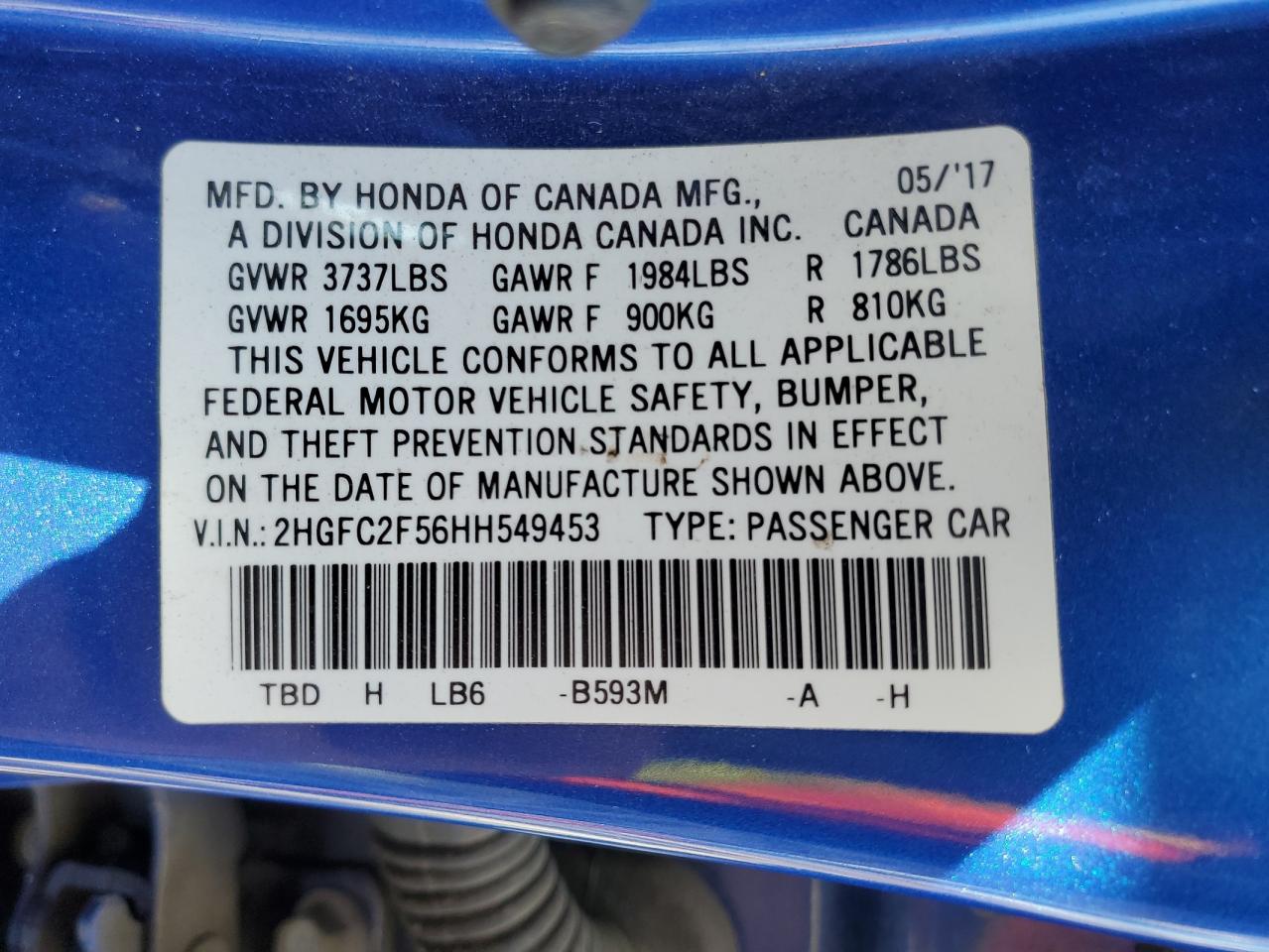 2017 Honda Civic VIN 2HGFC2F56HH549453 Copart auction photo, rear end / all over damage thumbnail 12