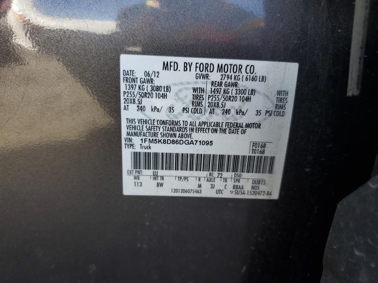 2013 Ford Explorer VIN 1FM5K8D86DGA71095 Copart auction photo, all over damage thumbnail 13