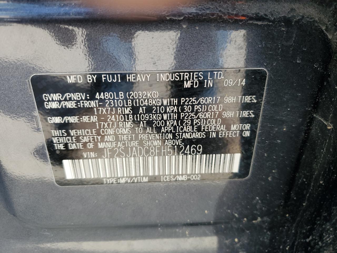2015 Subaru Forester VIN JF2SJADC8FH512469 Copart auction photo, side damage thumbnail 13