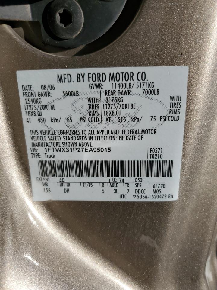 2007 Ford F350 VIN 1FTWX31P27EA95015 Copart auction photo, all over damage thumbnail 12
