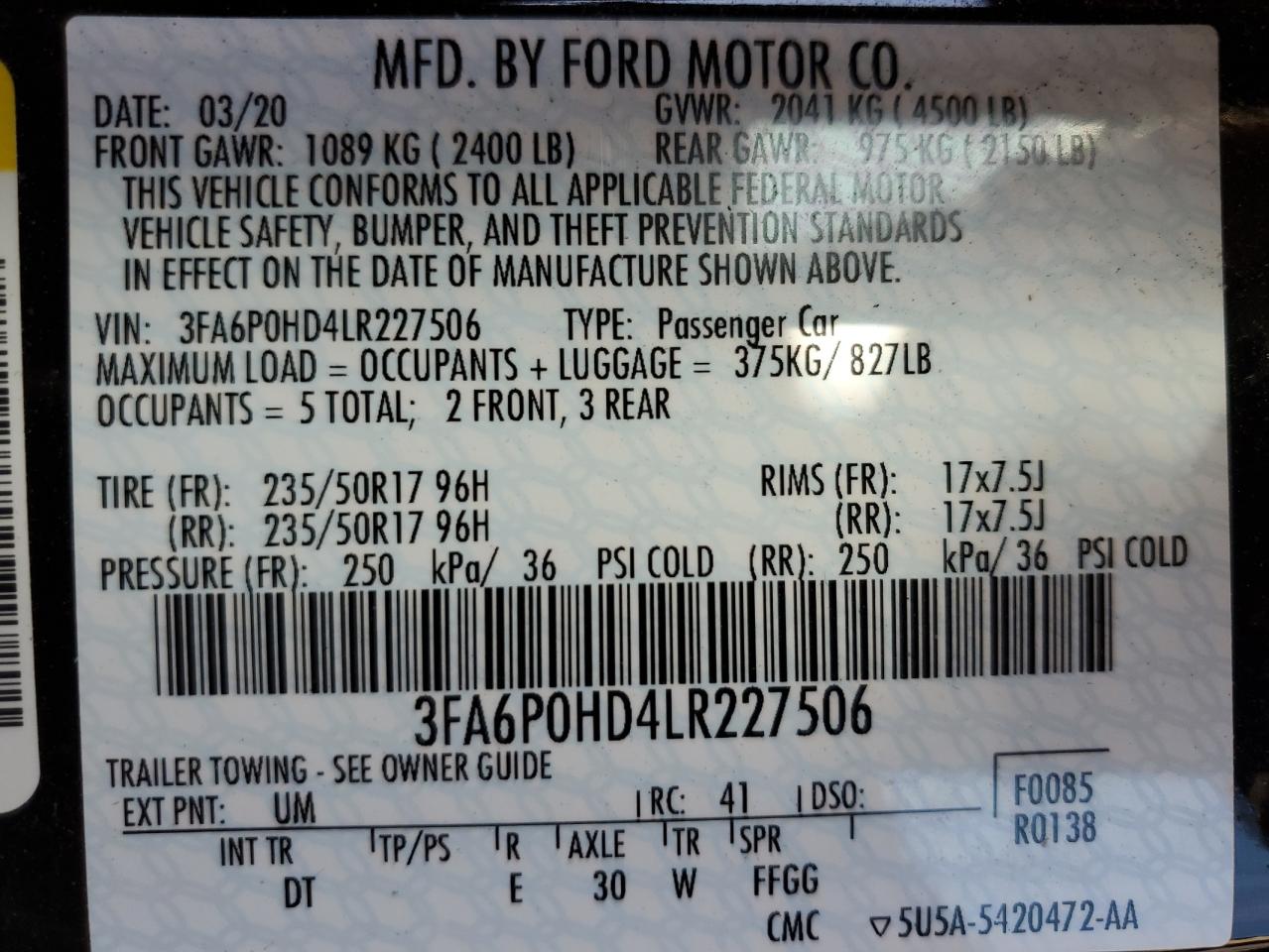 2020 Ford Fusion VIN 3FA6P0HD4LR227506 Copart auction photo, front end / undercarriage damage thumbnail 12