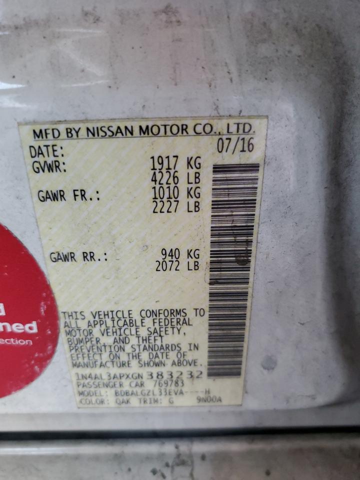 2016 Nissan Altima VIN 1N4AL3APXGN383232 Copart auction photo, front end damage thumbnail 12