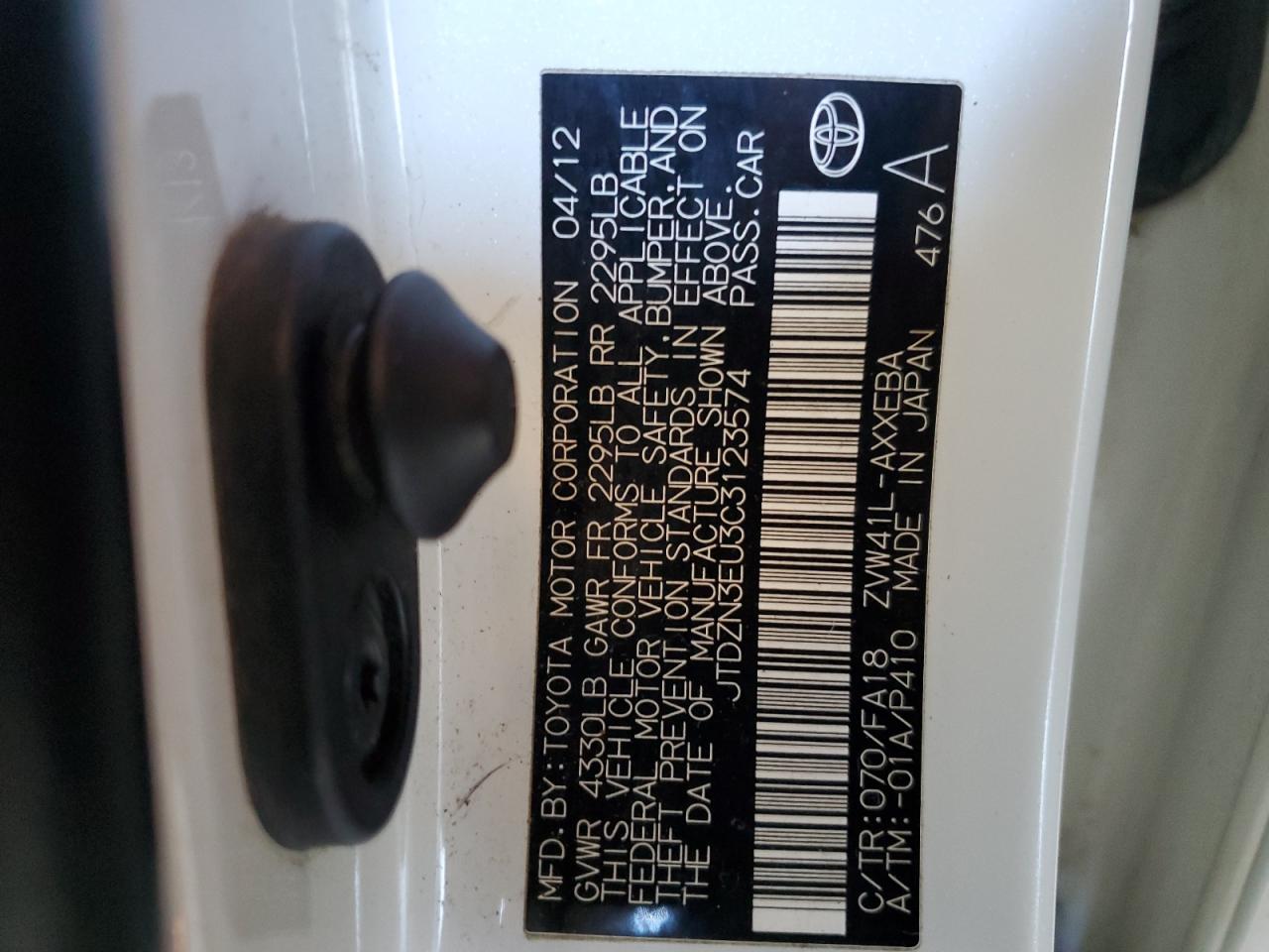 2012 Toyota Prius VIN JTDZN3EU3C3123574 Copart auction photo, water/flood / front end damage thumbnail 12