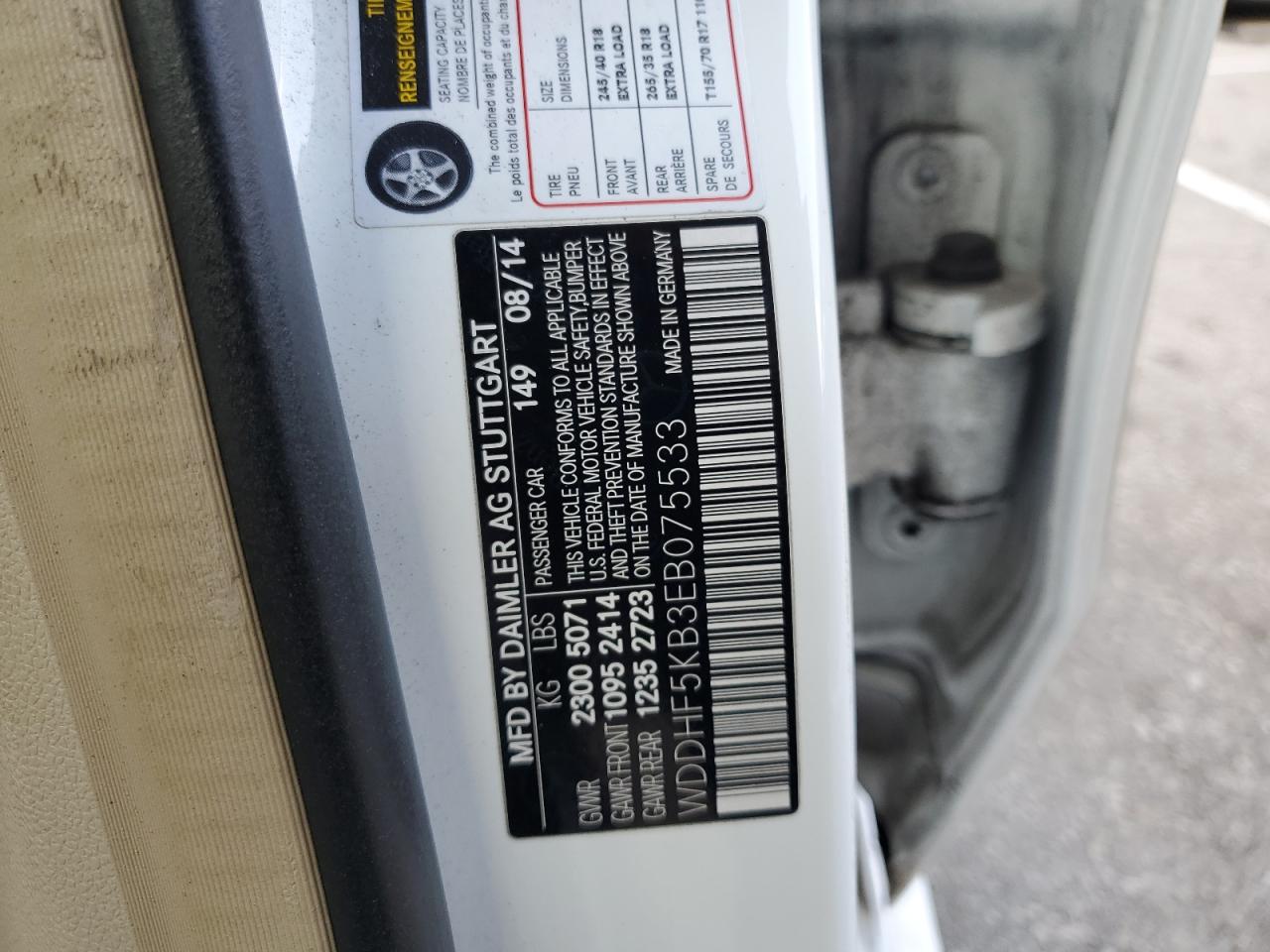 2014 Mercedes-Benz E-klasse VIN WDDHF5KB3EB075533 Copart auction photo, front end damage thumbnail 13