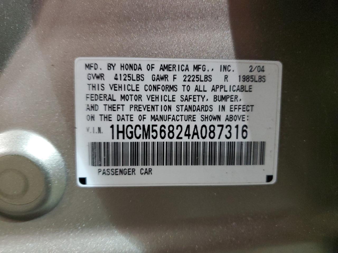 2004 Honda Accord VIN 1HGCM56824A087316 Copart auction photo, front end / mechanical damage thumbnail 12
