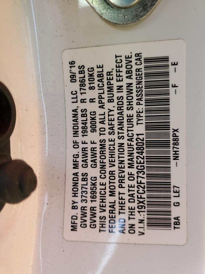 2016 Honda Civic VIN 19XFC2F73GE248021 Copart auction photo, mechanical / front end damage thumbnail 14