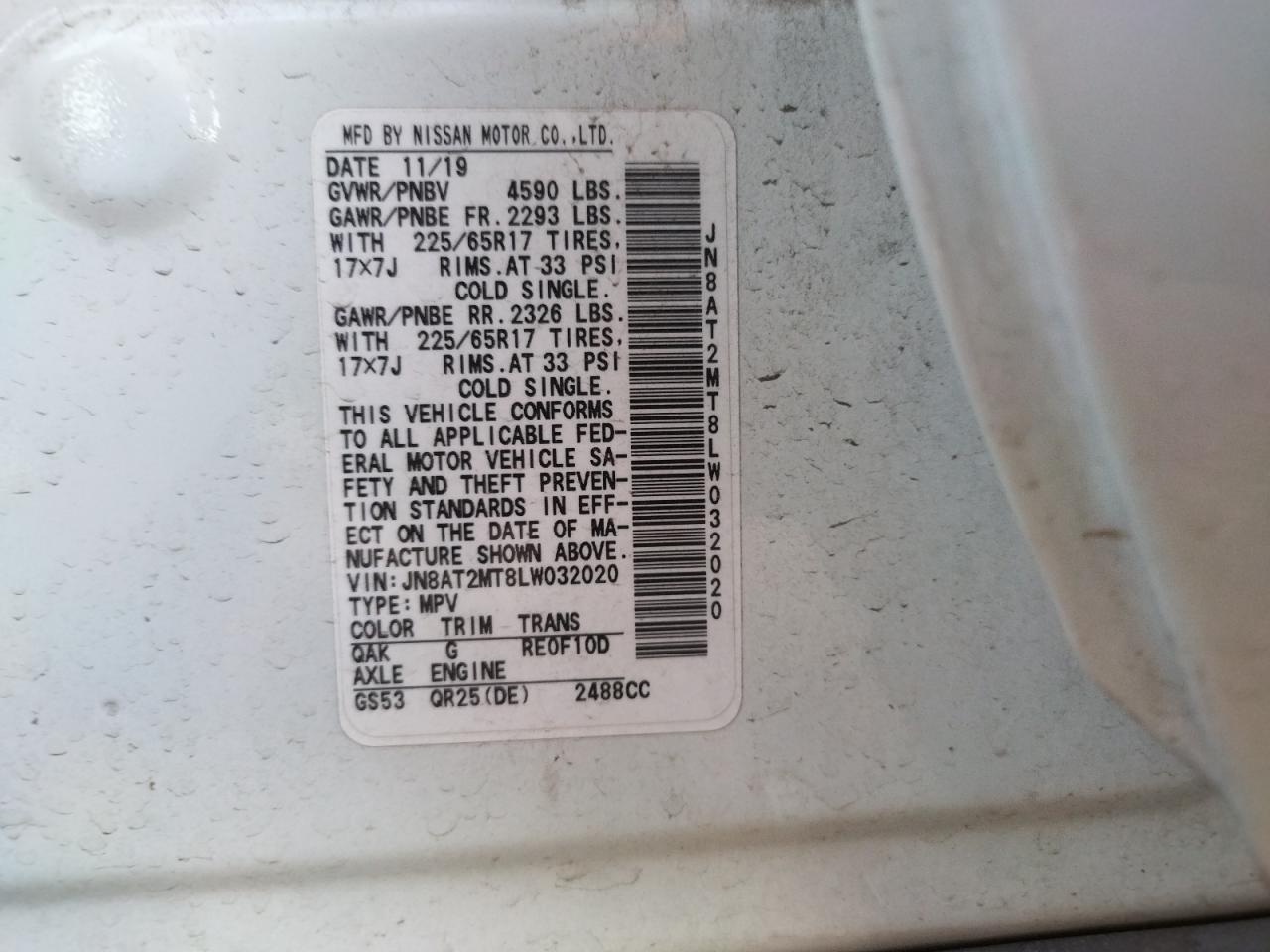 2020 Nissan Rogue VIN JN8AT2MT8LW032020 Copart auction photo, front end / mechanical damage thumbnail 10