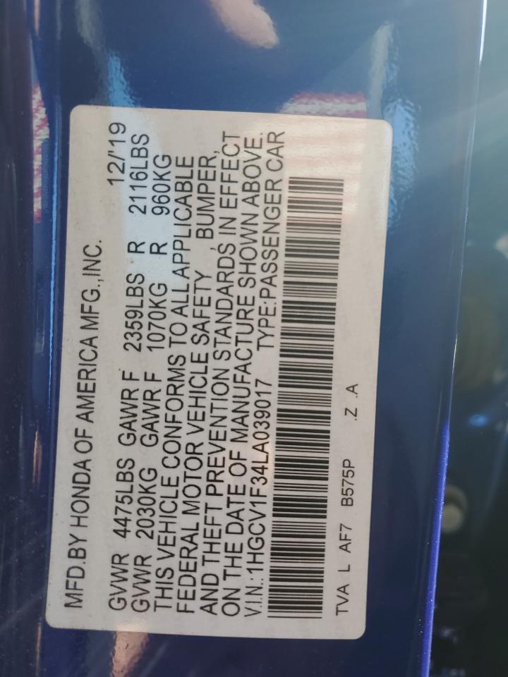 2020 Honda Accord VIN 1HGCV1F34LA039017 Copart auction photo, front end / rear end damage thumbnail 14