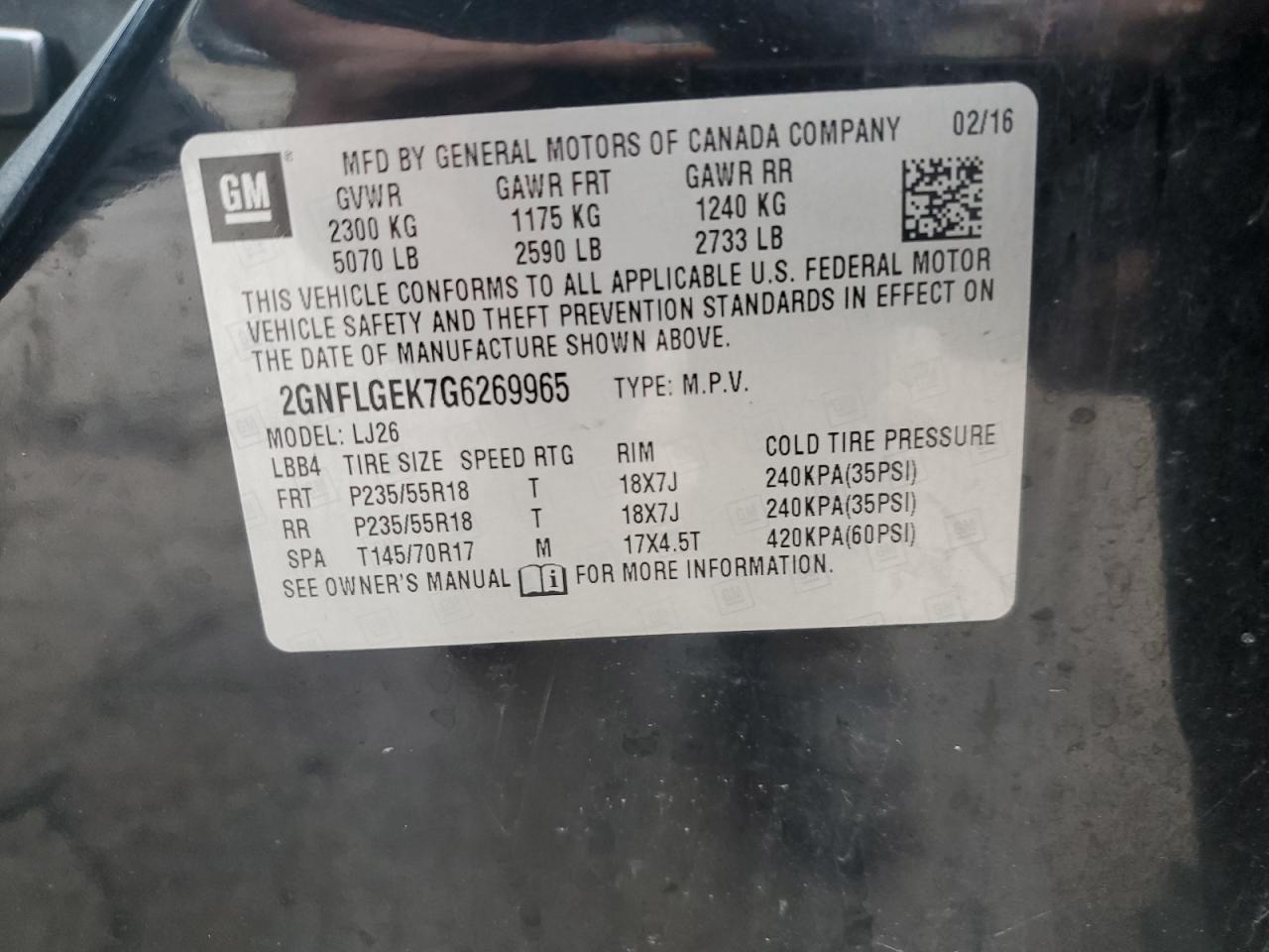 2016 Chevrolet Equinox VIN 2GNFLGEK7G6269965 Copart auction photo, water/flood damage thumbnail 14