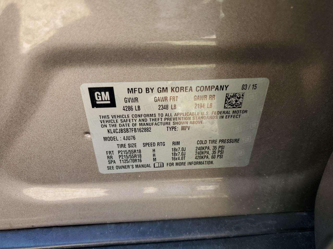 2015 Buick Encore VIN KL4CJBSB7FB162882 Copart auction photo, front end damage thumbnail 13