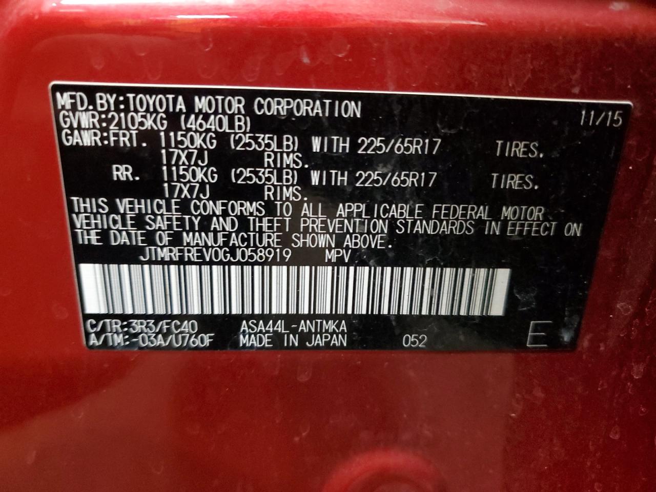 2016 Toyota RAV 4 VIN JTMRFREV0GJ058919 Copart auction photo, front end damage thumbnail 15