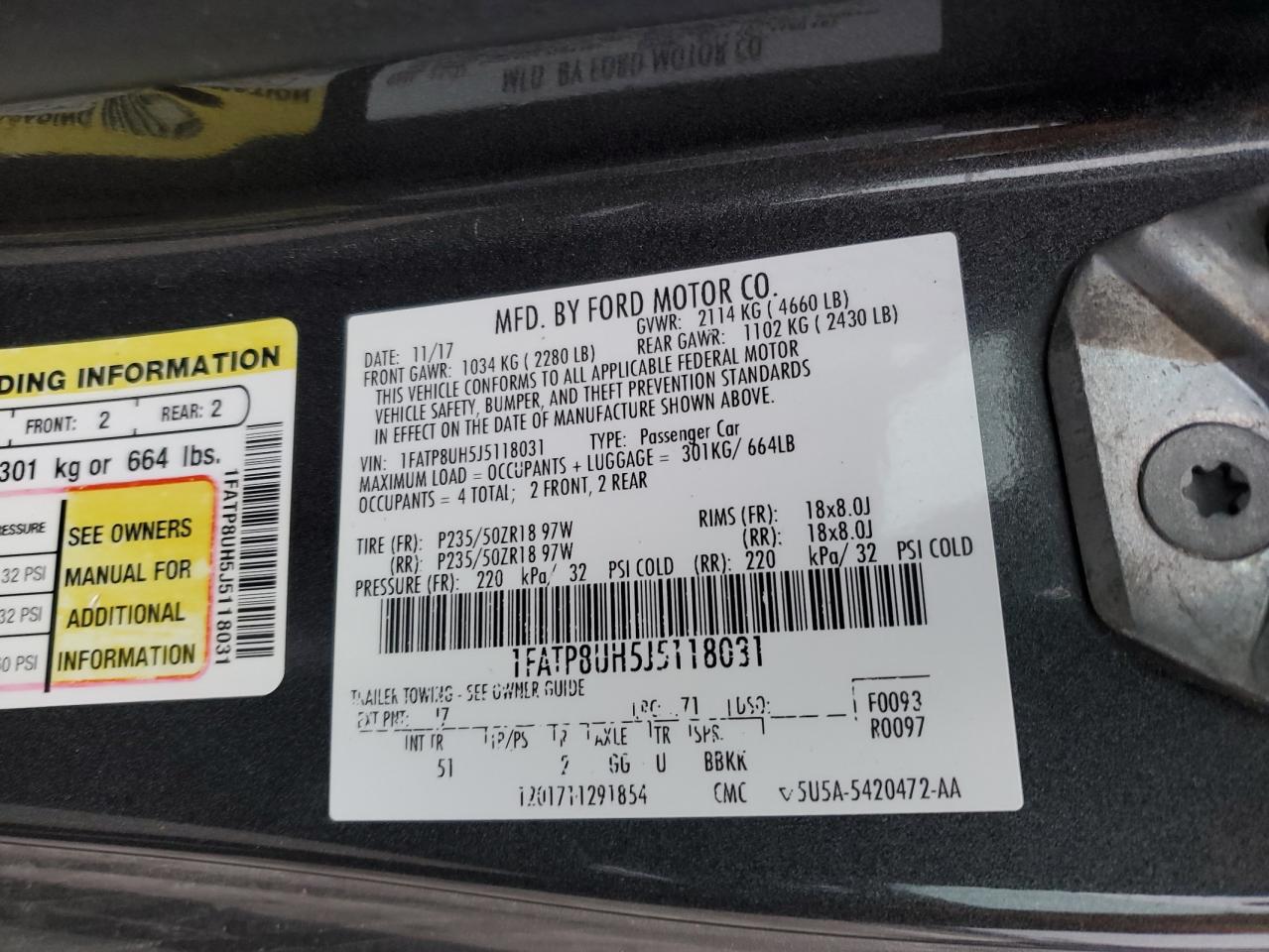 2018 Ford Mustang VIN 1FATP8UH5J5118031 Copart auction photo, side / minor dent/scratches damage thumbnail 14
