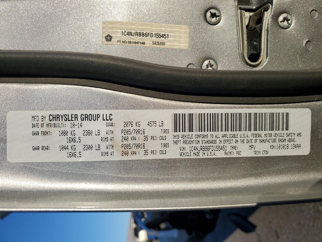 2015 Jeep Liberty (Patriot) VIN 1C4NJRBB6FD155451 Copart auction photo, front end damage thumbnail 15
