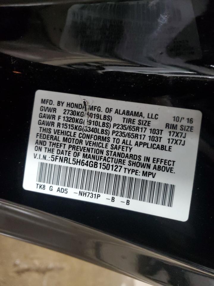 2016 Honda Odyssey VIN 5FNRL5H64GB150127 Copart auction photo, side / rear end damage thumbnail 13