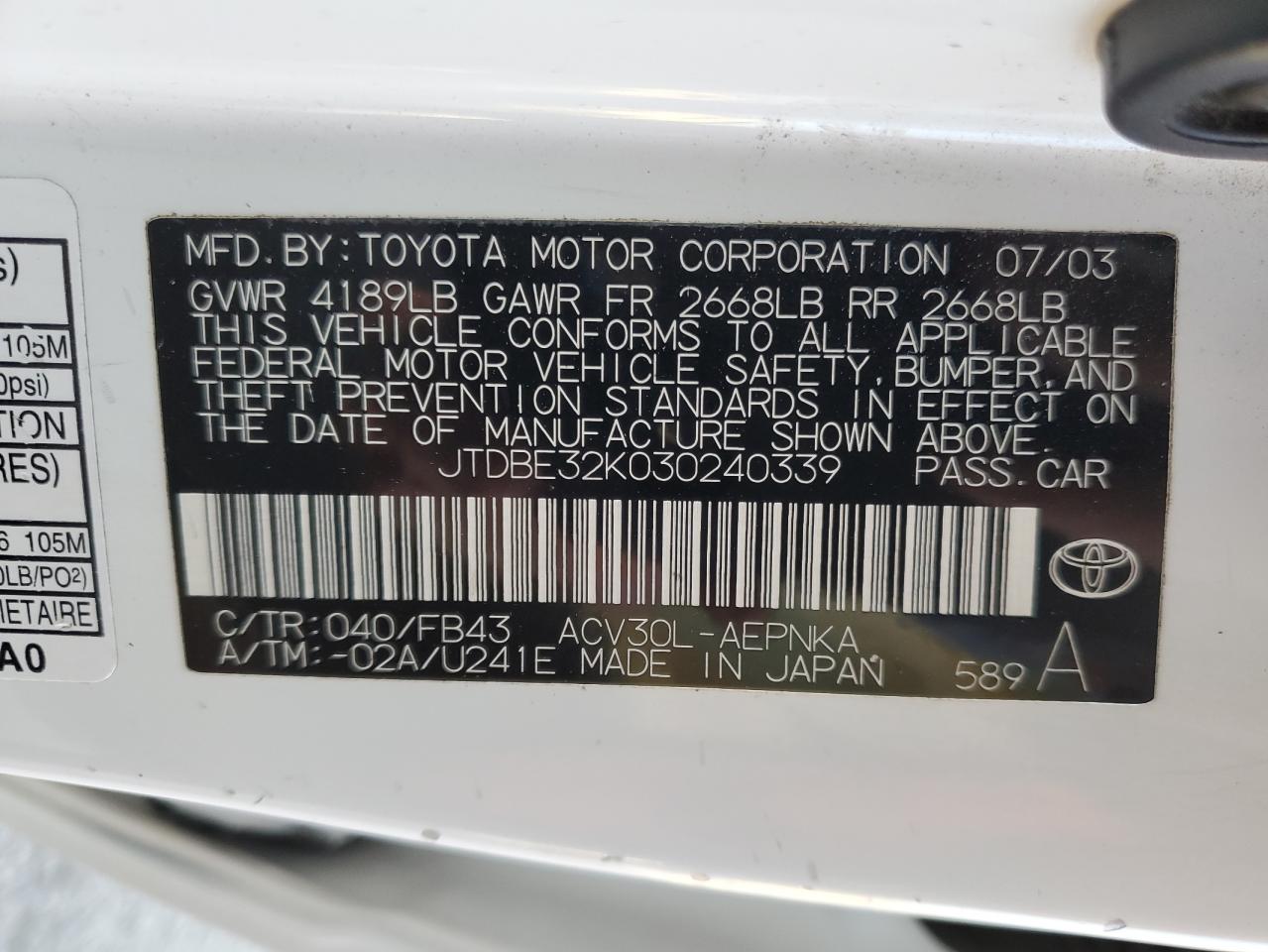2003 Toyota Camry VIN JTDBE32K030240339 Copart auction photo, front end damage thumbnail 12