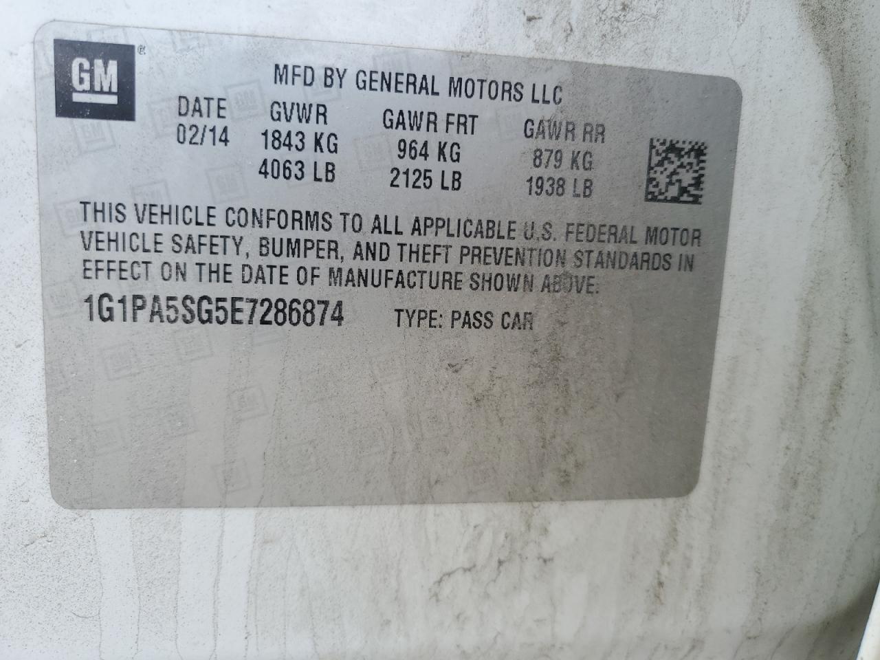 2014 Chevrolet Cruze VIN 1G1PA5SG5E7286874 Copart auction photo, front end damage thumbnail 14