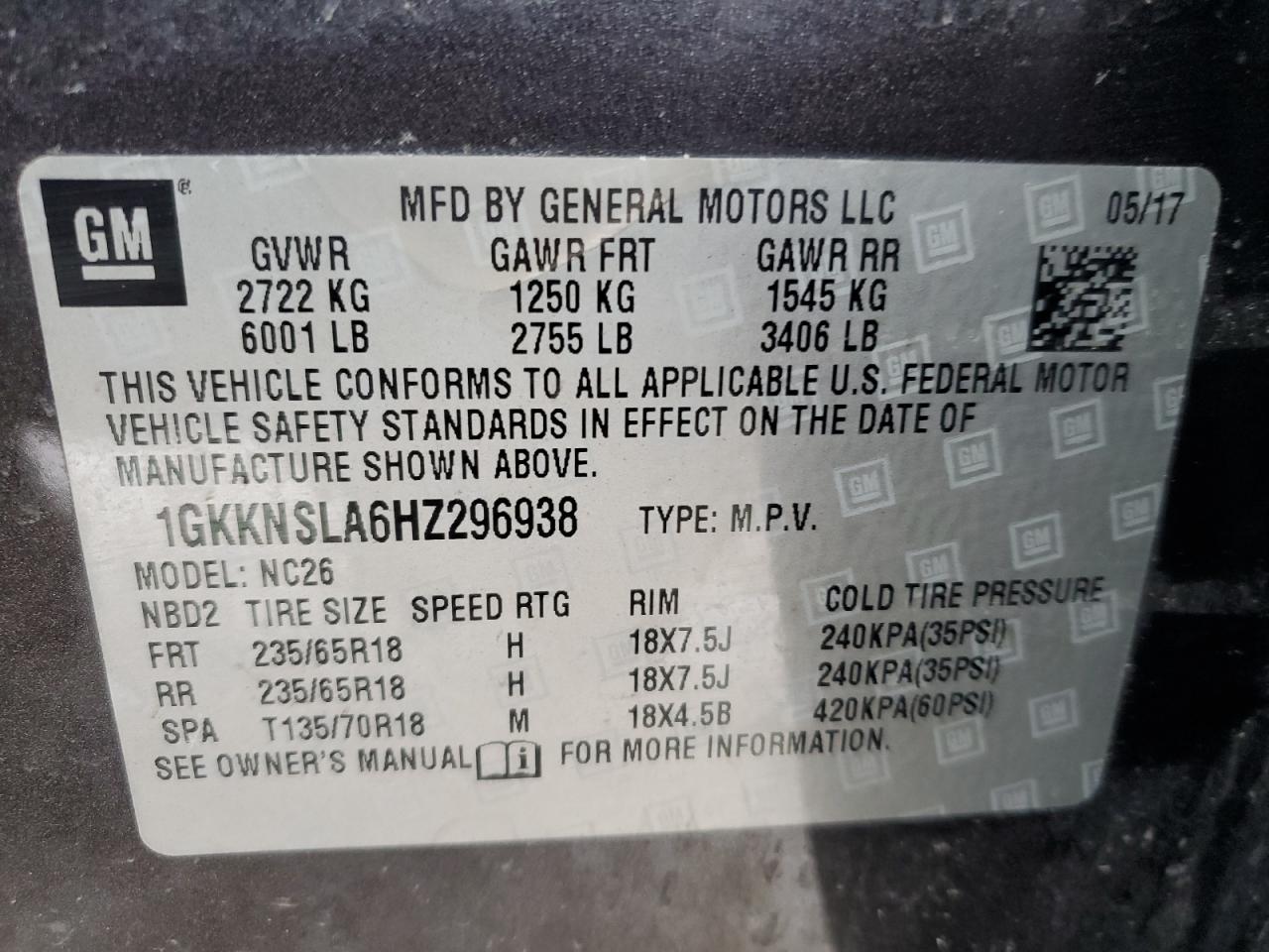 2017 GMC Acadia VIN 1GKKNSLA6HZ296938 Copart auction photo, all over / undercarriage damage thumbnail 13