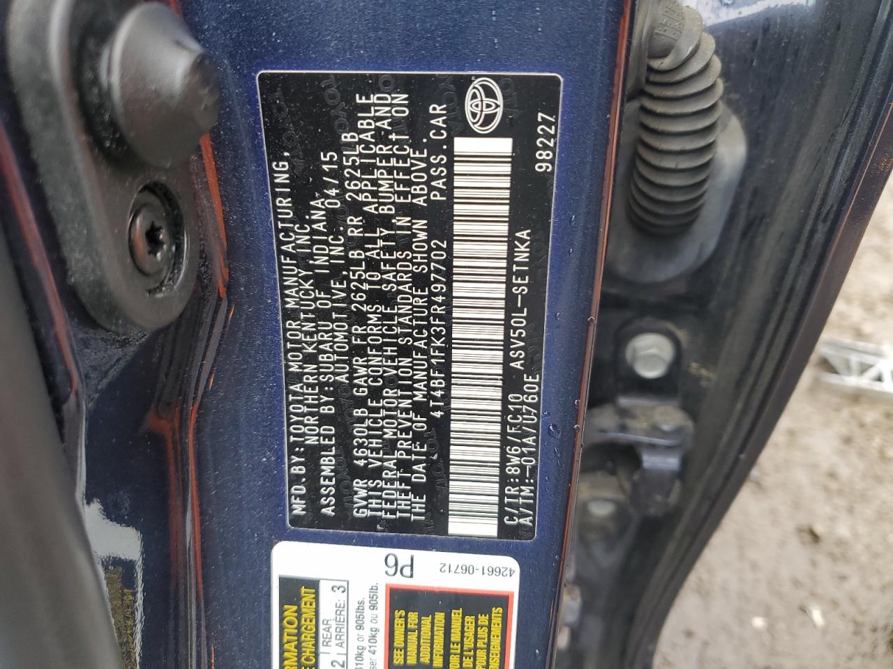 2015 Toyota Camry VIN 4T4BF1FK3FR497702 Copart auction photo, front end / side damage thumbnail 14
