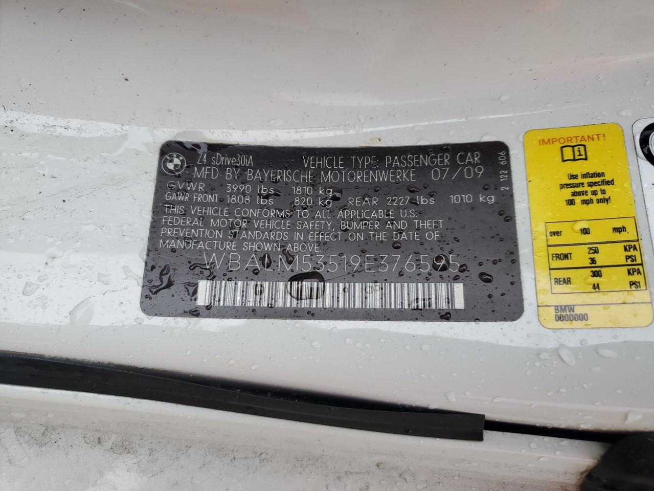 2009 BMW Z4 VIN WBALM53519E376595 Copart auction photo, front end damage thumbnail 12