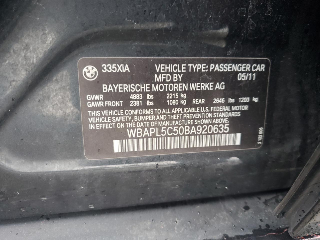 2011 BMW 3er VIN WBAPL5C50BA920635 Copart auction photo, front end damage thumbnail 12