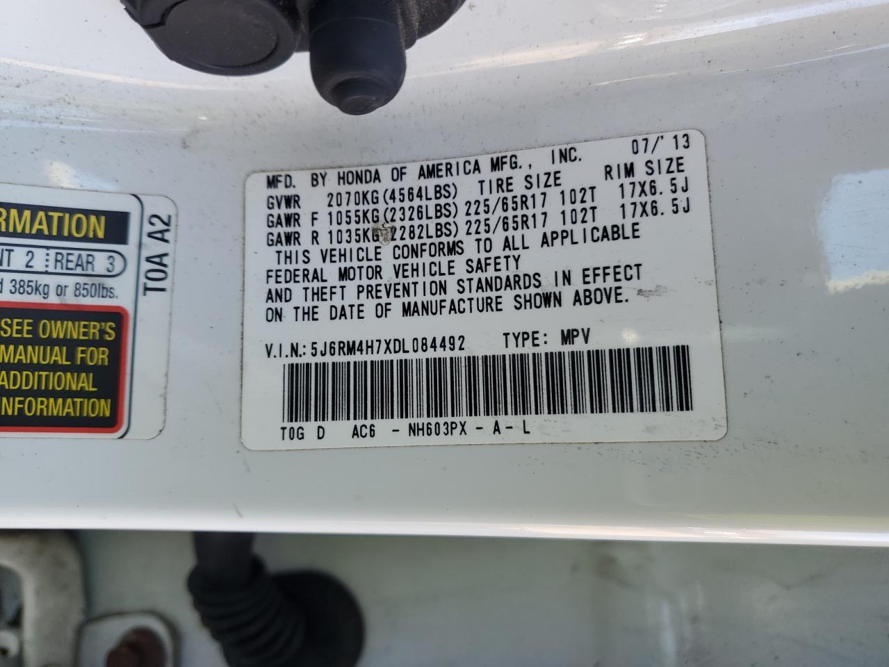 2013 Honda CR-V VIN 5J6RM4H7XDL084492 Copart auction photo, front end / minor dent/scratches damage thumbnail 13