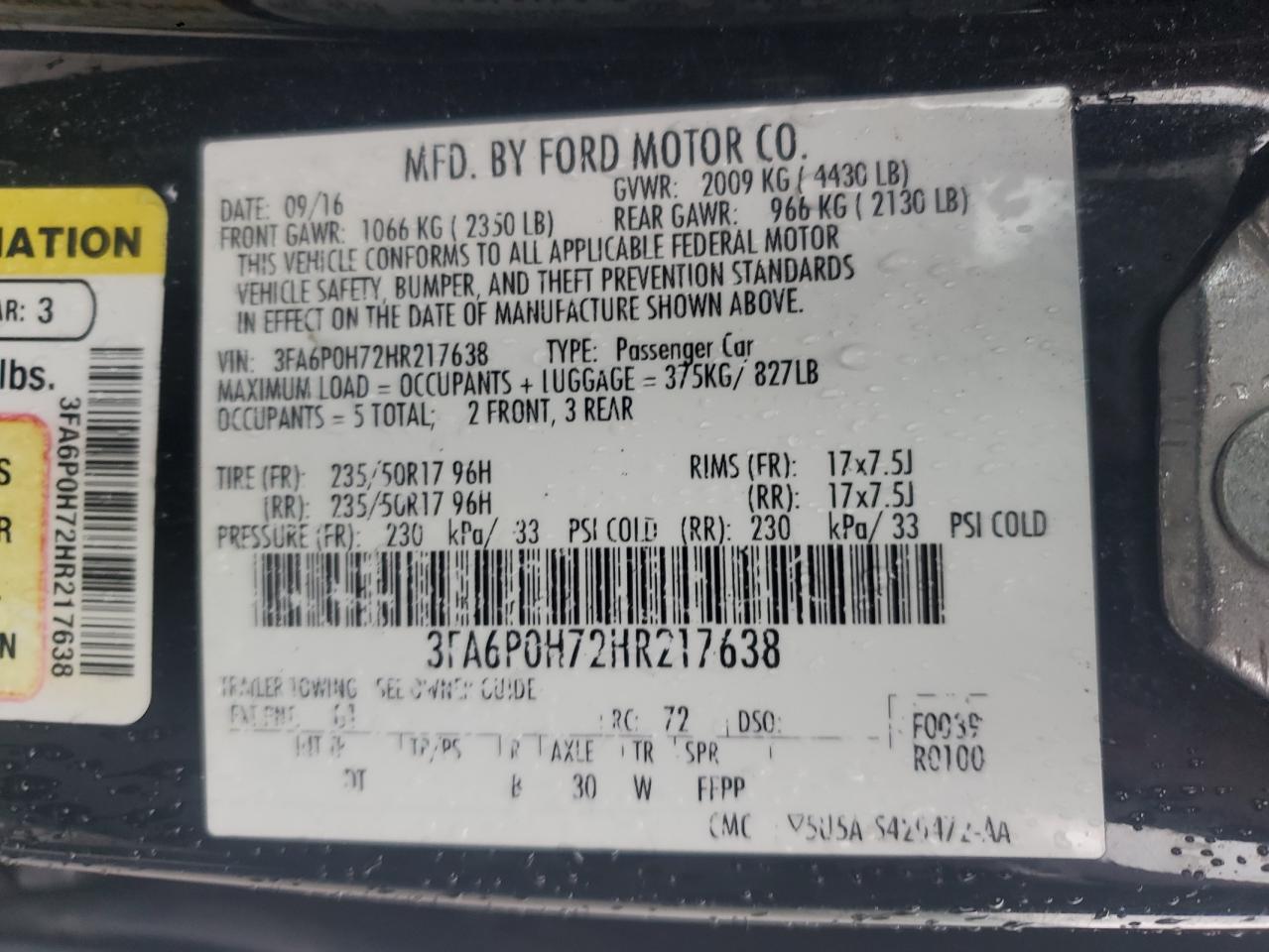 2017 Ford Fusion VIN 3FA6P0H72HR217638 Copart auction photo, front end / side damage thumbnail 14