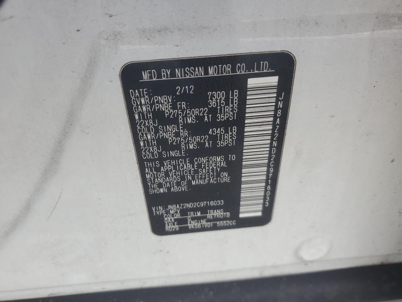 2012 Infiniti QX56 VIN JN8AZ2ND2C9716033 Copart auction photo, all over damage thumbnail 16