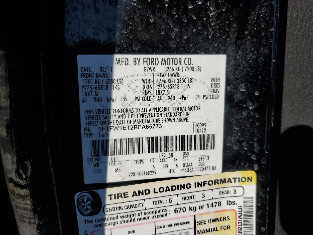 2011 Ford F-150 VIN 1FTFW1ET2BFA65773 Copart auction photo, front end / stripped damage thumbnail 13