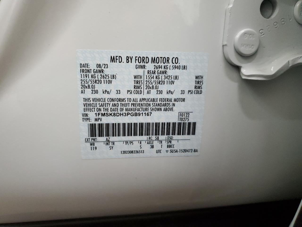 2023 Ford Explorer VIN 1FMSK8DH3PGB91167 Copart auction photo, front end damage thumbnail 13