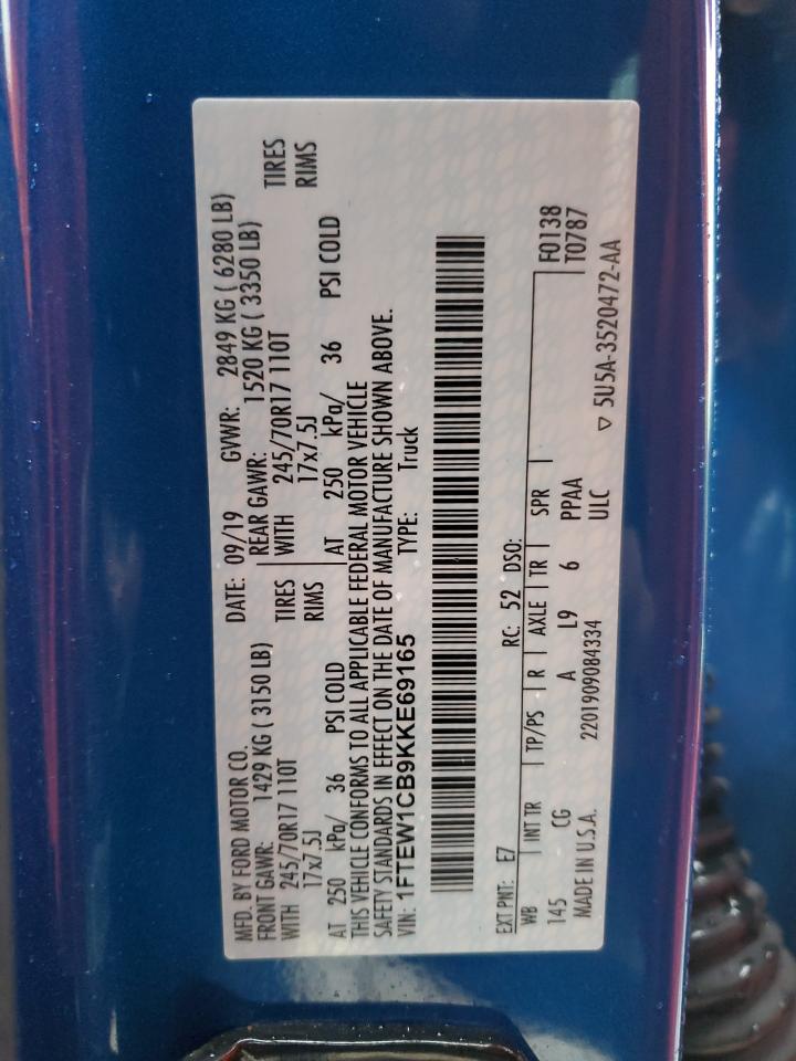 2019 Ford F-150 VIN 1FTEW1CB9KKE69165 Copart auction photo, rear end / side damage thumbnail 12
