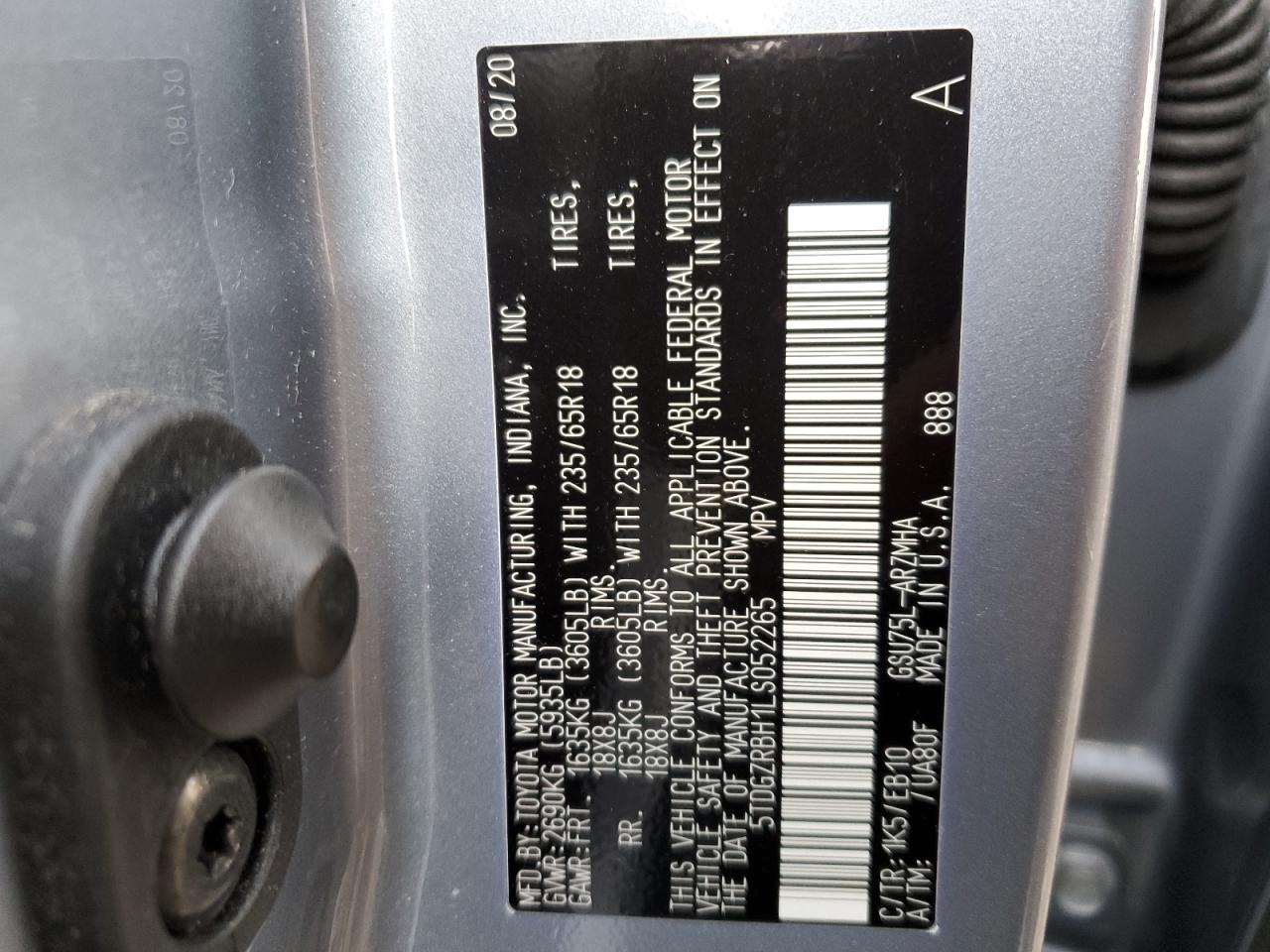 2020 Toyota Highlander VIN 5TDGZRBH1LS052265 Copart auction photo, front end / side damage thumbnail 14