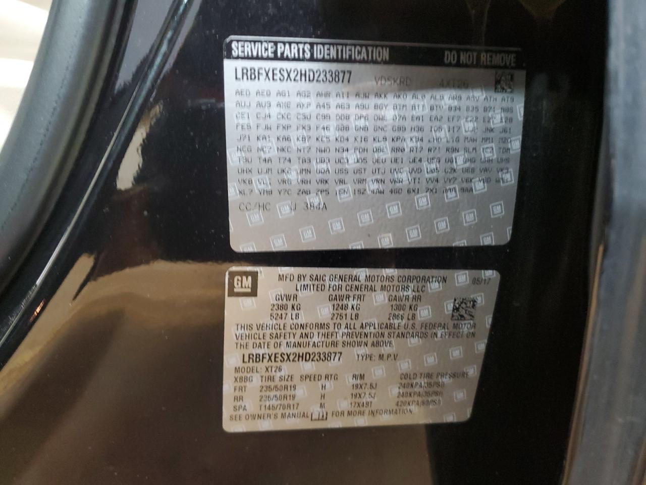 2017 Buick Envision VIN LRBFXESX2HD233877 Copart auction photo, rear end damage thumbnail 13