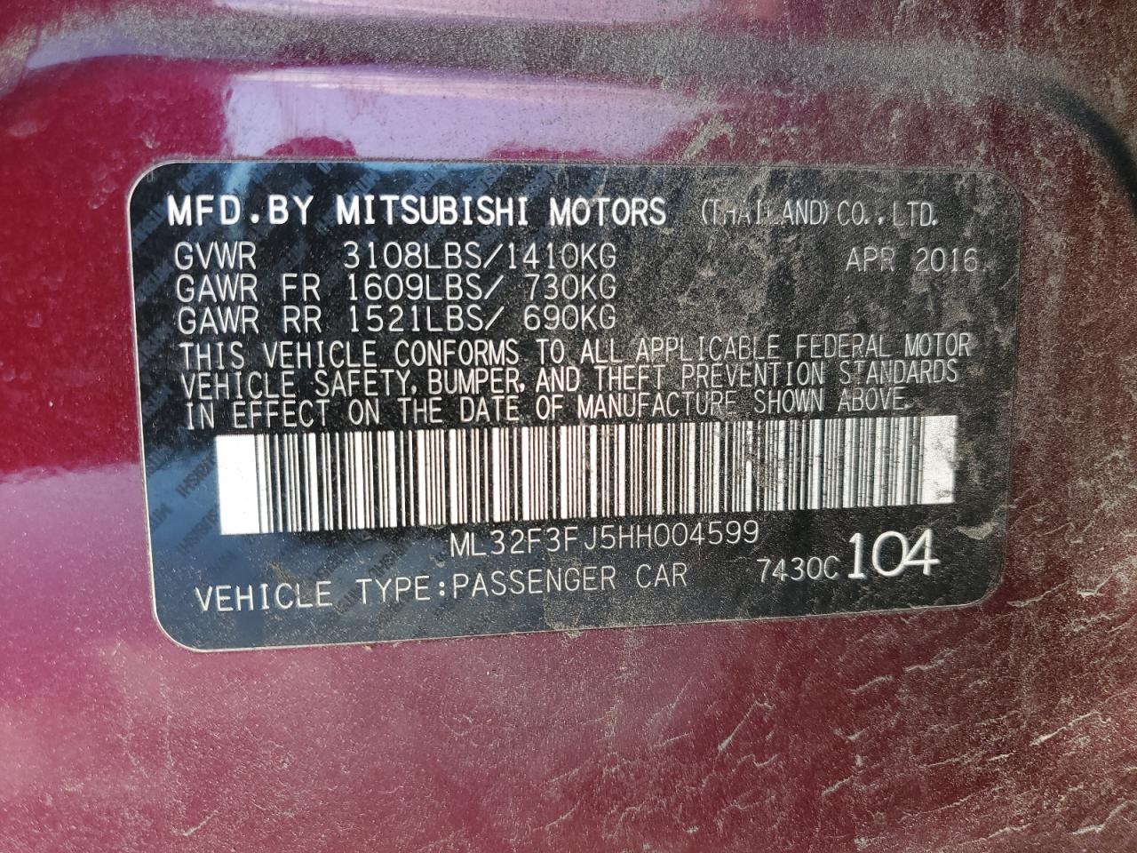 2017 Mitsubishi Mirage VIN ML32F3FJ5HH004599 Copart auction photo, front end damage thumbnail 12