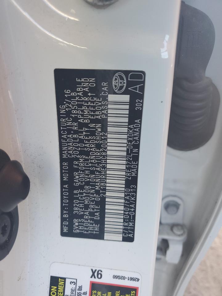 2017 Toyota Corolla VIN 2T1BURHE3HC820012 Copart auction photo, front end damage thumbnail 12