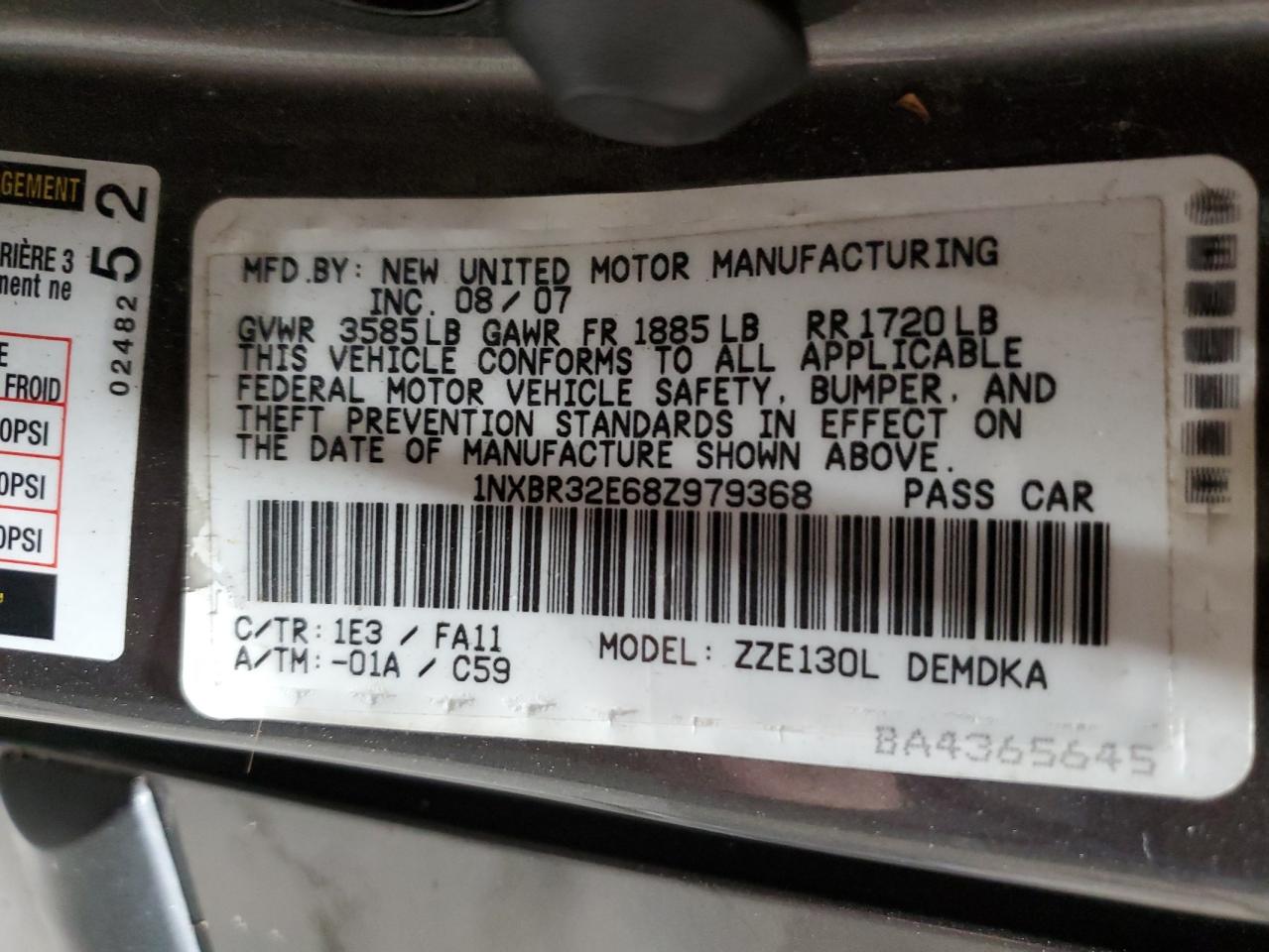 2008 Toyota Corolla VIN 1NXBR32E68Z979368 Copart auction photo, front end damage thumbnail 13