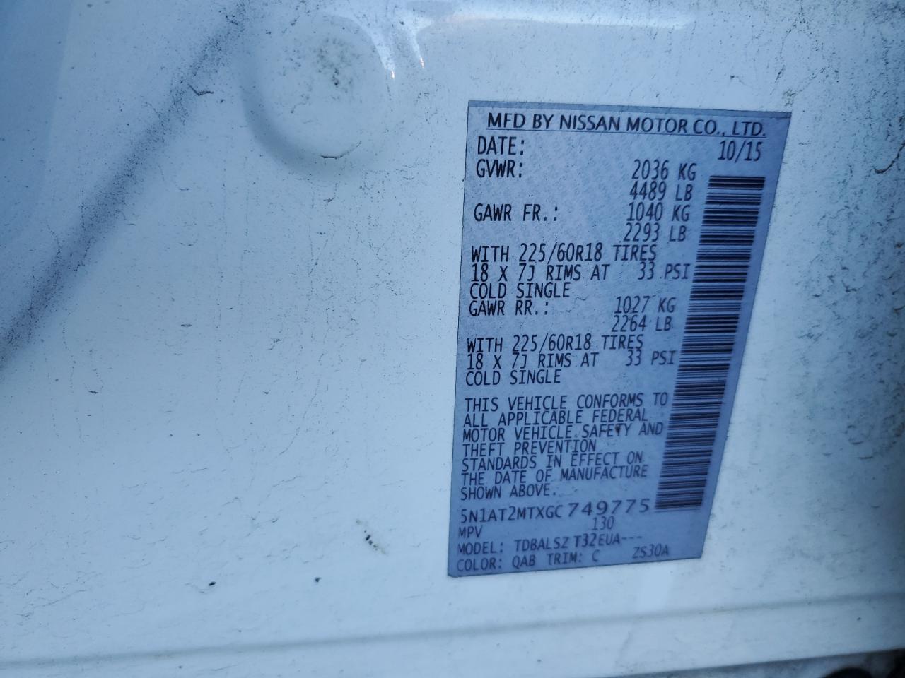 2016 Nissan Rogue VIN 5N1AT2MTXGC749775 Copart auction photo, front end damage thumbnail 12