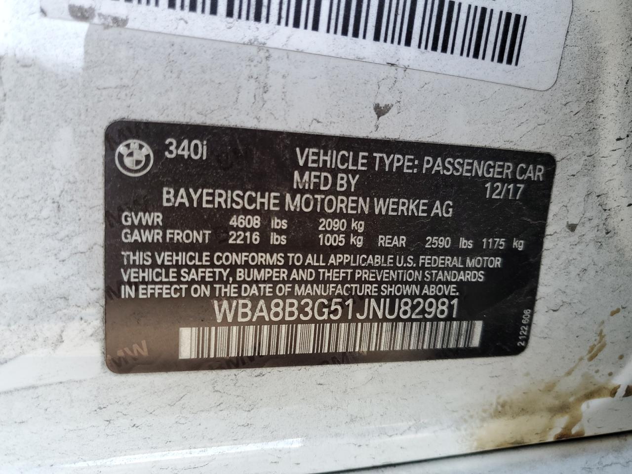 2018 BMW 3er VIN WBA8B3G51JNU82981 Copart auction photo, front end / minor dent/scratches damage thumbnail 12