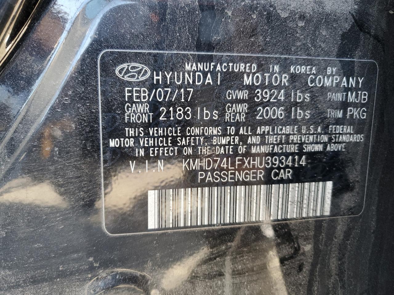 2017 Hyundai Elantra VIN KMHD74LFXHU393414 Copart auction photo, front end damage thumbnail 15