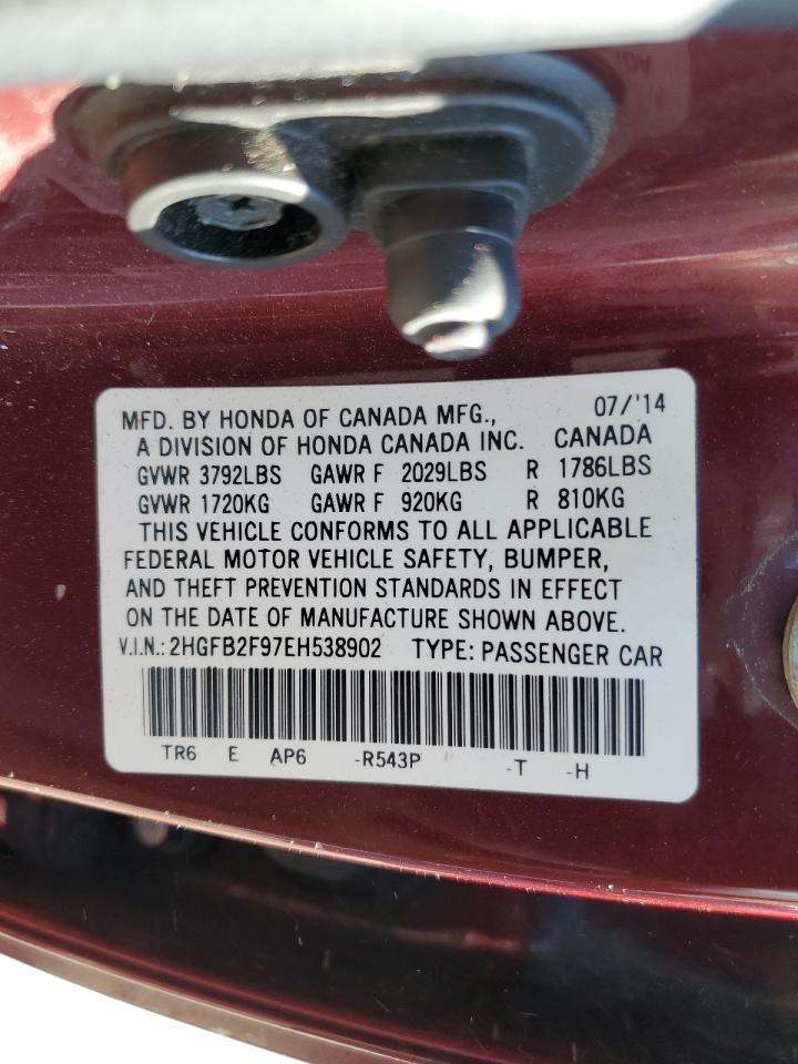 2014 Honda Civic VIN 2HGFB2F97EH538902 Copart auction photo, front end / side damage thumbnail 14