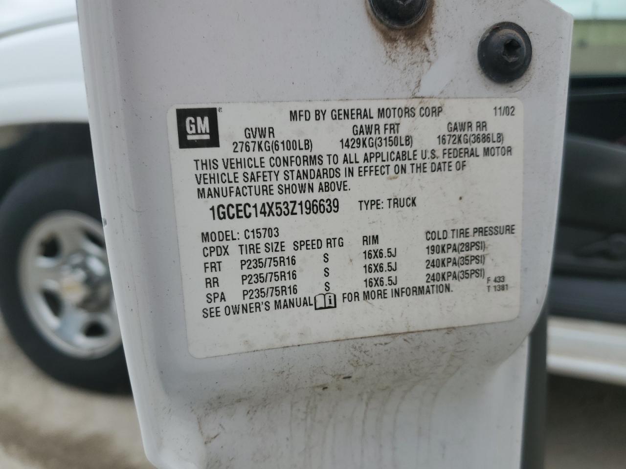 2003 Chevrolet Silverado VIN 1GCEC14X53Z196639 Copart auction photo, burn damage thumbnail 12