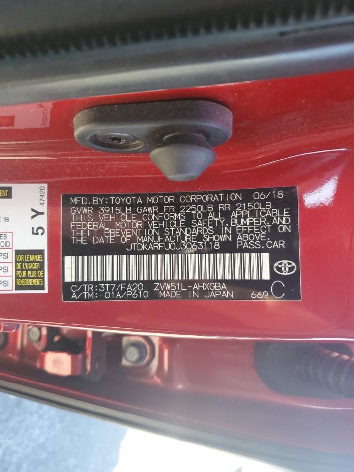 2018 Toyota Prius VIN JTDKARFU0J3063118 Copart auction photo, front end damage thumbnail 15